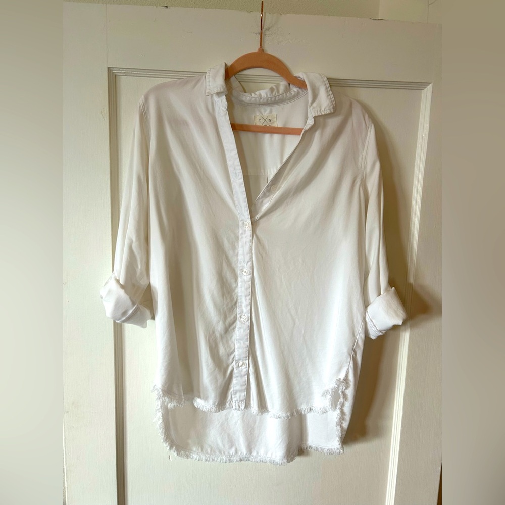 Buttery Soft Fringe Button Down V Neck Top (Made for Rolling Sleeves)